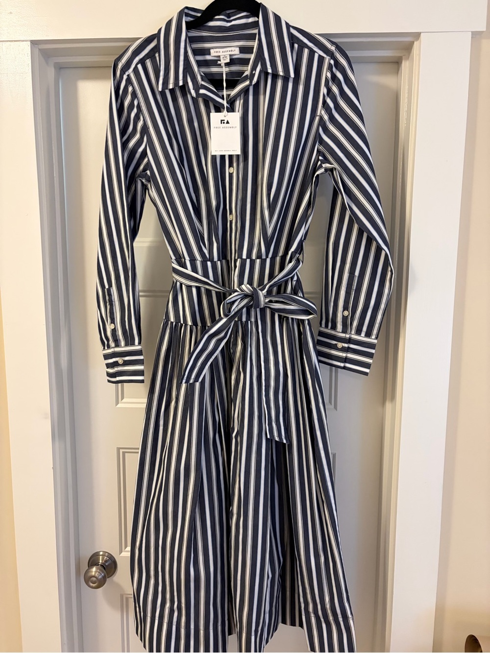 FRAME Navy & White Striped Long-Sleeve Shirt Dress with Tie Waist